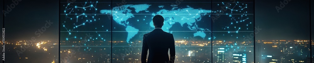 A silhouette looks out over a cityscape, gazing at a glowing world map projected on a glass screen, symbolizing technology and global connectivity. A silhouette looks out over a cityscape, gazing at a glowing world map projected on a glass screen, symbolizing technology and global connectivity.