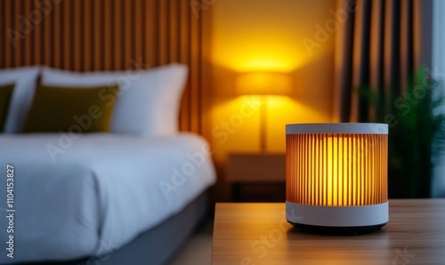Cozy Electric heater, positioned on wooden floor near a bed in a bedroom, featuring warm hues 