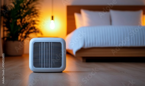 Cozy Electric heater, positioned on wooden floor near a bed in a bedroom, featuring warm hues 