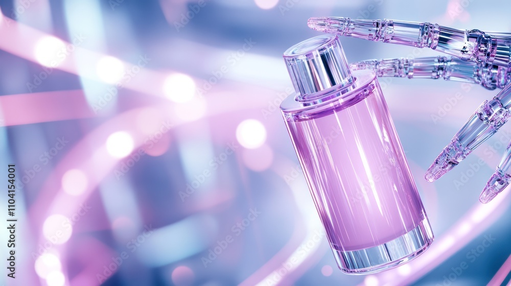 Futuristic hand holds a sleek pink perfume bottle Futuristic hand holds a sleek pink perfume bottle