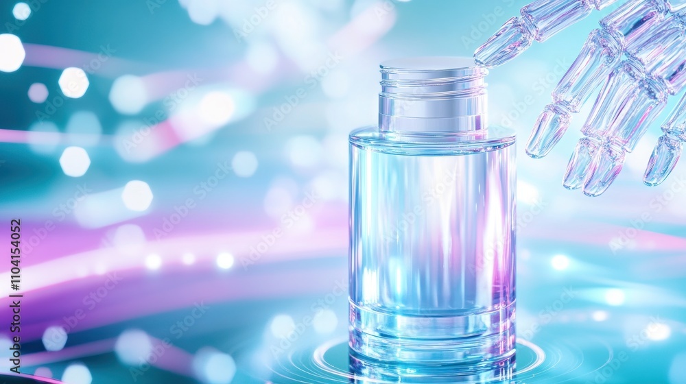 Futuristic hand and perfume bottle in vibrant hues Futuristic hand and perfume bottle in vibrant hues