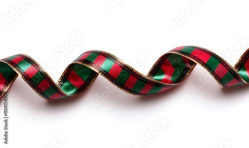 Curly red ribbon for Christmas or birthday gift against white background; incorporate red, green, and gold 