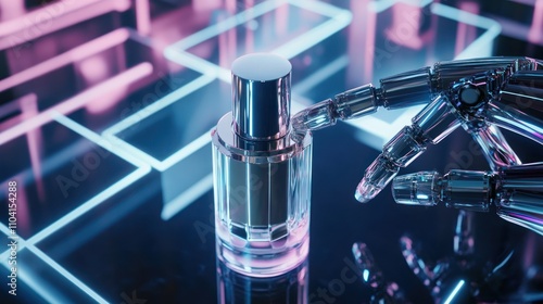 Futuristic robotic hand with perfume bottle display.