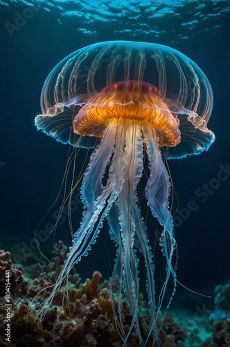 Stunning close-up of a jellyfish in the ocean. Vibrant orange bell and long tentacles. photo