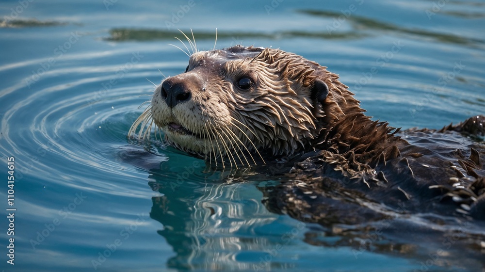Close-up of a sea otter swimming in the ocean. Wet fur, detailed whiskers. Close-up of a sea otter swimming in the ocean. Wet fur, detailed whiskers.