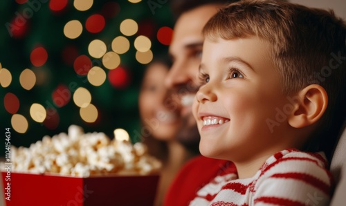Family enjoying Christmas movie night at home with popcorn in festive reds and greens 