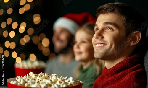 Family enjoying Christmas movie night at home with popcorn in festive reds and greens 