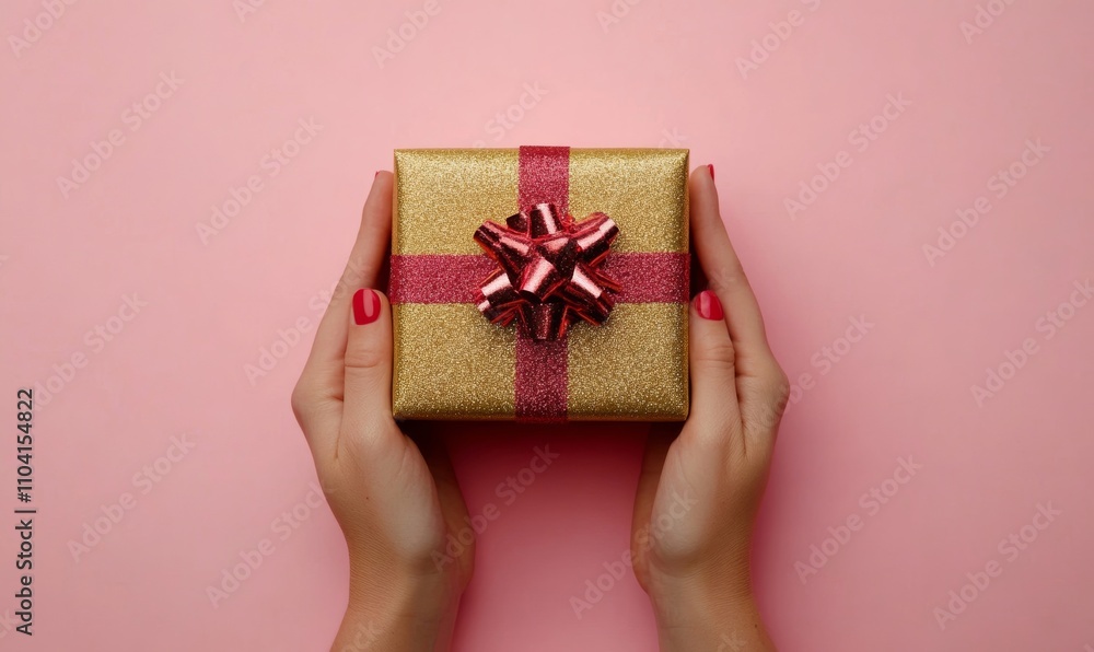 Female hands holding Christmas gift boxes on pink background, featuring gold, silver, and red accents Female hands holding Christmas gift boxes on pink background, featuring gold, silver, and red accents