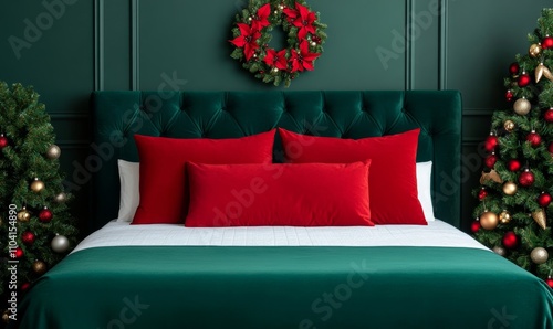 Festive Bedroom Interior: Cozy Bed, Wreath, Christmas Tree; Red, Green, Gold, and White Colors 