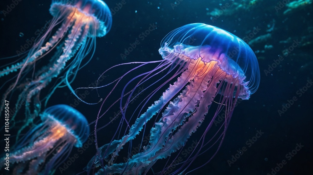 Three vibrant jellyfish swim gracefully in a dark ocean. Stunning underwater scene. Three vibrant jellyfish swim gracefully in a dark ocean. Stunning underwater scene.