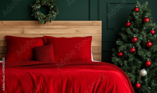 Festive Bedroom Interior: Cozy Bed, Wreath, Christmas Tree; Red, Green, Gold, and White Colors 