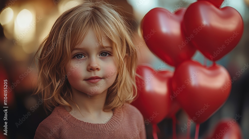 A young child with blonde hair stands beside several red heart-shaped balloons on a sunny day, creating a serene and heartwarming scene. A young child with blonde hair stands beside several red heart-shaped balloons on a sunny day, creating a serene and heartwarming scene.