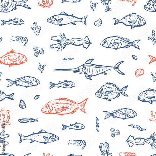 Sea food seamless pattern. Lobster, crab, shrimp and squid hand drawn illustration. Design for branding, restaurant and menu. Ocean and sea delicacy on white background.