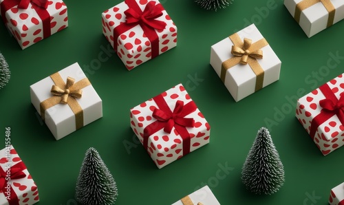 Gift boxes adorned with pine trees on green background; Christmas design in red, gold, and white 