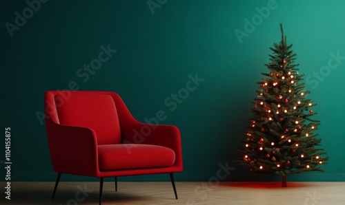 Living room featuring a red armchair, glowing green Christmas tree, and colorful Advent calendar 