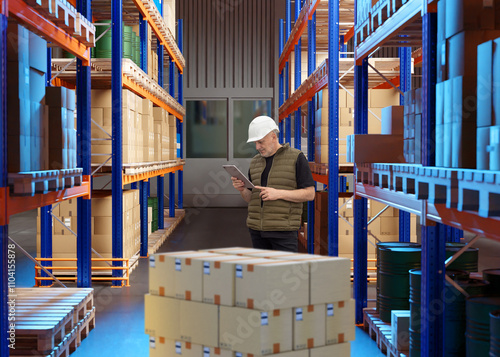 Man works in warehouse. Log...