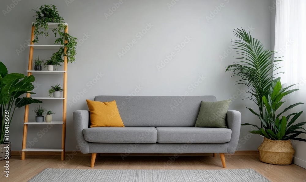 Fototapeta premium Living room interior featuring a wooden ladder, gray sofa, and white shelf units with cozy decor 