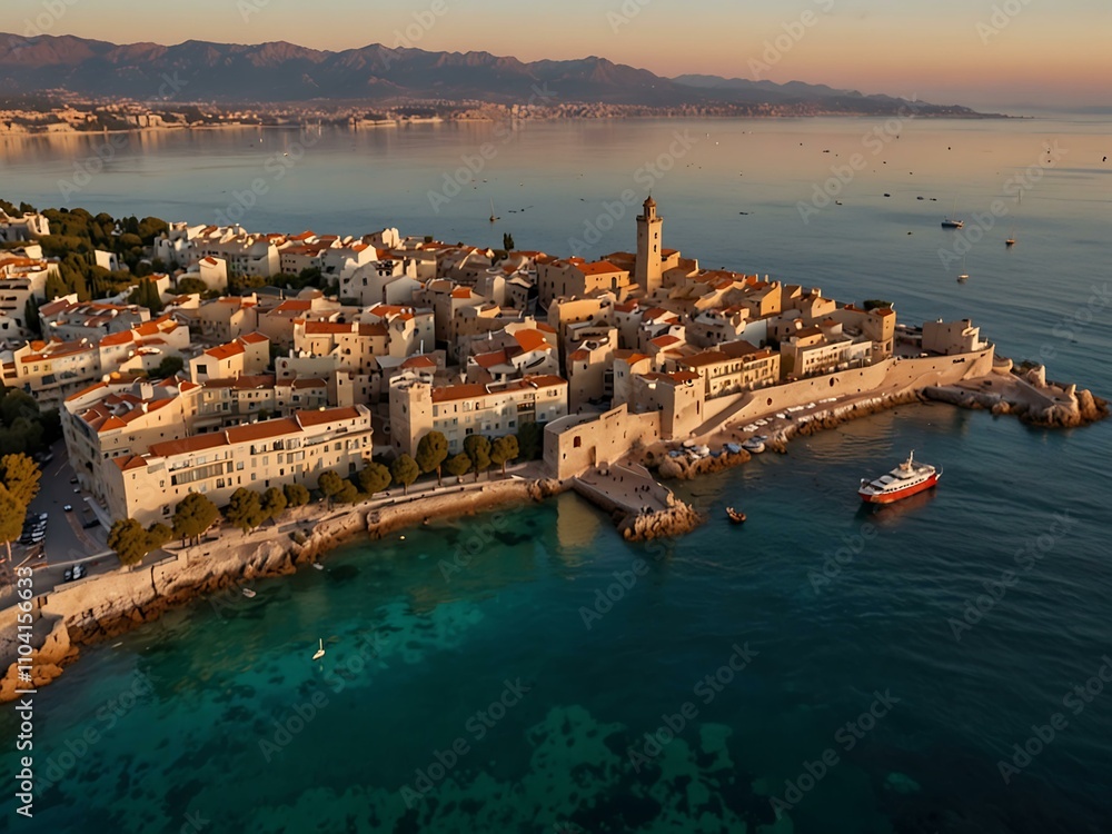 Fototapeta premium Aerial view of Antibes, French Riviera, at sunrise.