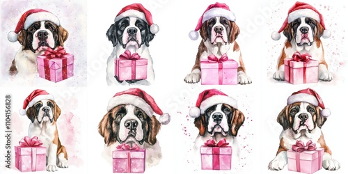 Adorable Saint Bernards in Santa Hats with Gifts - Eight watercolor Saint Bernard puppies wearing Santa hats, each holding a pink gift box.  Christmas, dogs, gifts, winter, holiday. photo