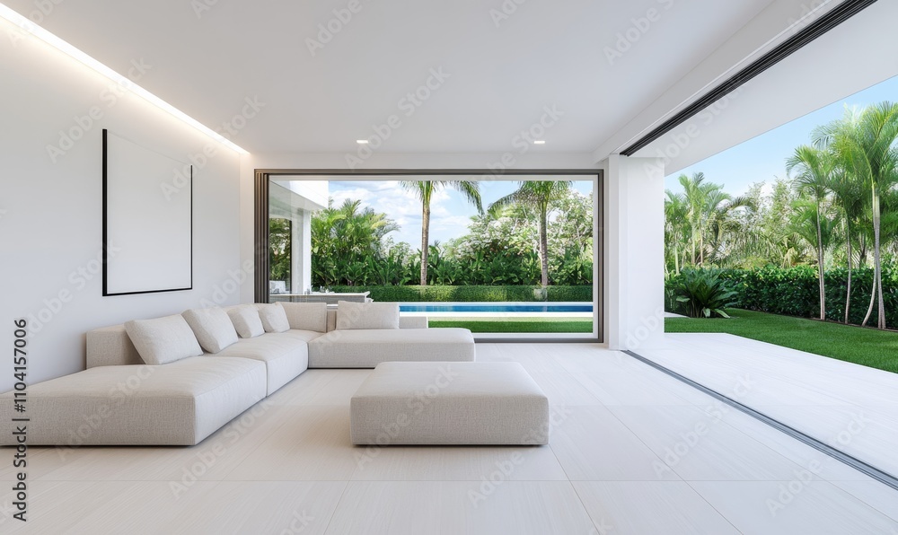 Fototapeta premium Modern white living room interior with stunning backyard view; uses white, green, and natural colors 