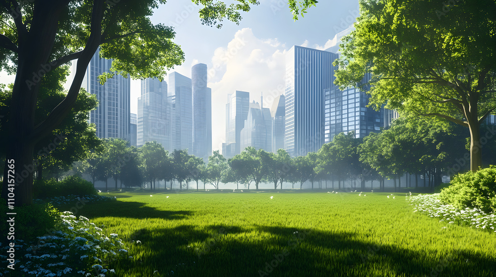 modern city skyline and a green park modern city skyline and a green park