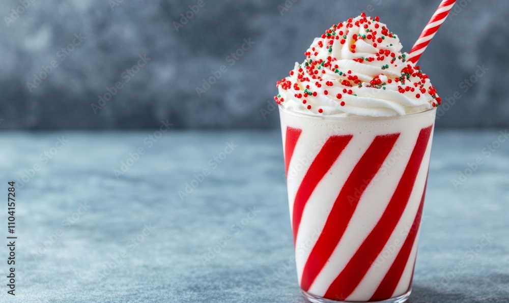 Obraz premium Peppermint milkshake layered with red and white stripes, topped with a swirl of whipped cream and festive sprinkles, bright and cheerful presentation 