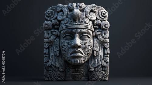 Intricately detailed stone sculpture of an ancient face with symbolic carvings and a headdress, reflecting mesoamerican art style. Symbolic. Illustration