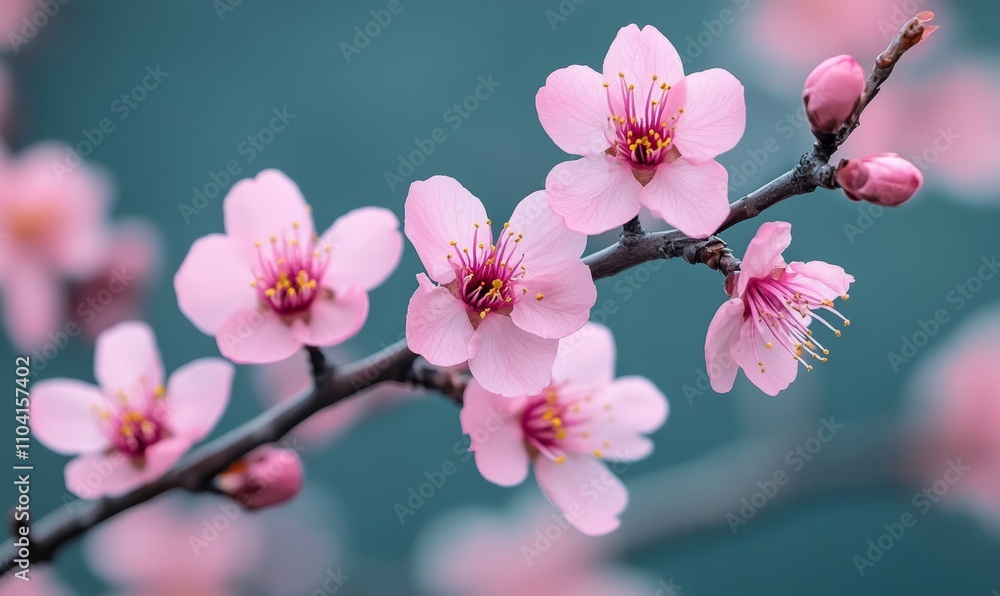 Pink cherry blossom flowers adorn a tree branch against a flat background; soft pinks and whites Pink cherry blossom flowers adorn a tree branch against a flat background; soft pinks and whites
