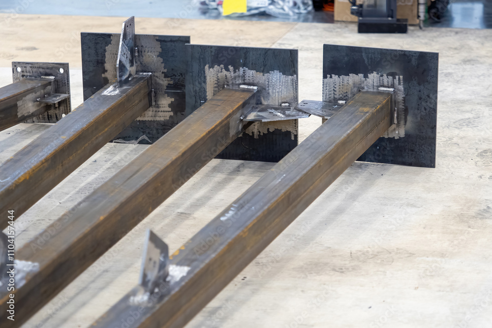 Several metal supports. Iron beams with plates near base. Metal supports are polished using grinder. Iron beams for mounting pipes or equipment. Metal supports on floor in workshop. Several metal supports. Iron beams with plates near base. Metal supports are polished using grinder. Iron beams for mounting pipes or equipment. Metal supports on floor in workshop.