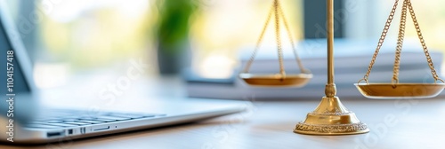 Justice scales and laptop on a legal professional's desk.