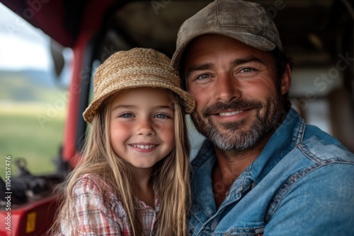 Smiling Father and Daughter in a Tractor