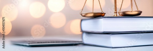 Elegant justice scales atop stack of legal reference books