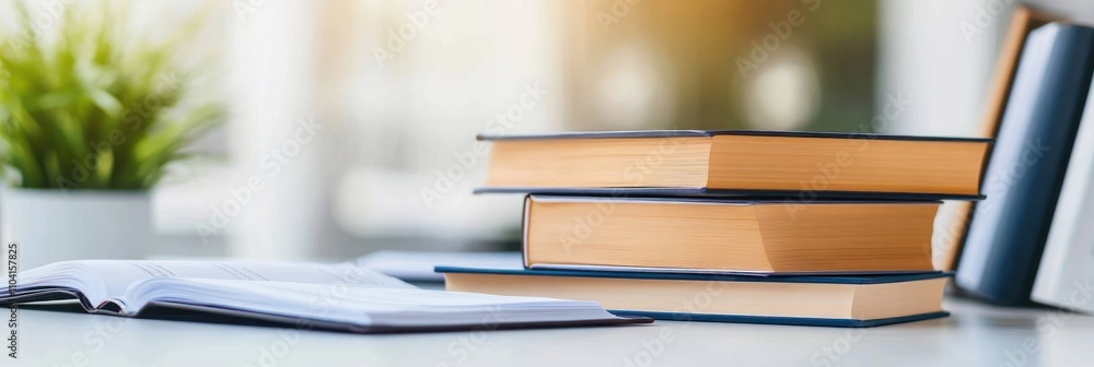 Stack of books on desk with one open and other shut Stack of books on desk with one open and other shut