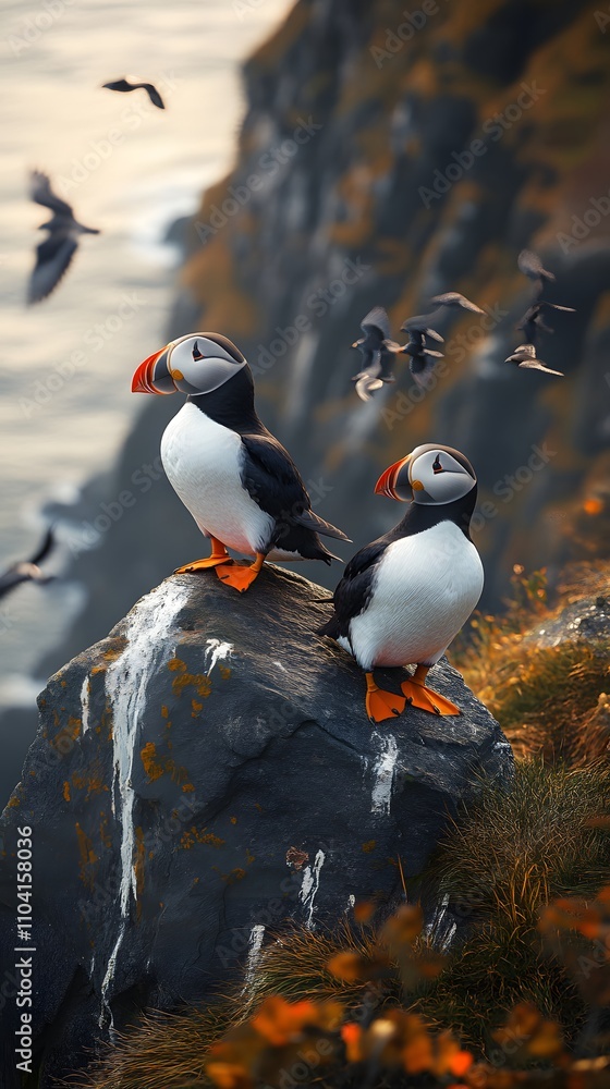 Fototapeta premium Majestic trio of puffins posing against a serene seascape.