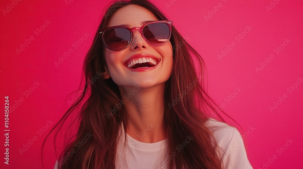 Happy young woman in sunglasses against vibrant pink background Happy young woman in sunglasses against vibrant pink background