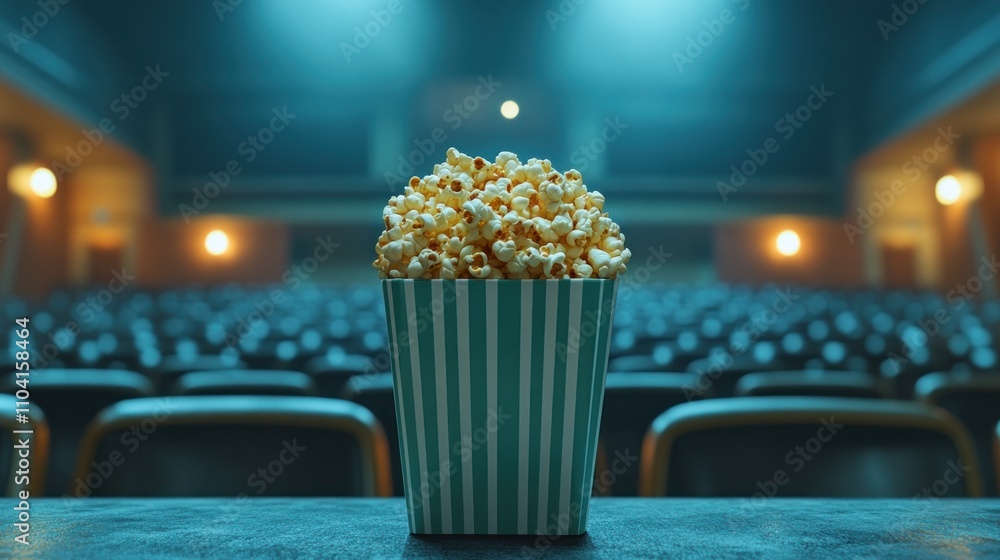 Popcorn bucket graces a dimly lit theater auditorium Popcorn bucket graces a dimly lit theater auditorium