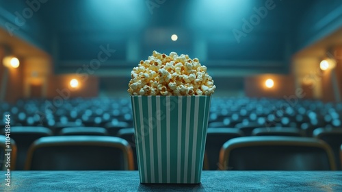 Popcorn bucket graces a dimly lit theater auditorium photo