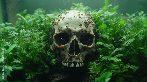 A weathered human skull, partially obscured by lush green foliage, sits in dimly lit environment.