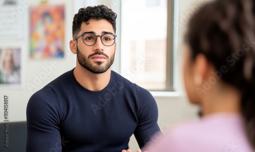 Student sitting in a brightly lit college admissions office, speaking to a counselor, with motivational posters on the walls, professional and welcoming  photo