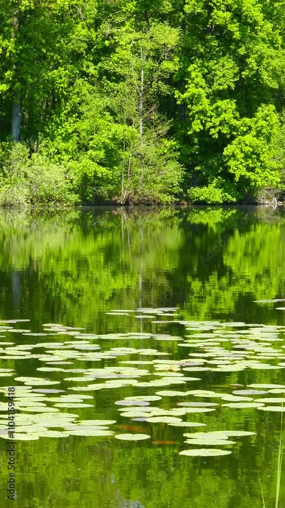 Summer lake in forest landscape. Vertical video Summer lake in forest landscape. Vertical video