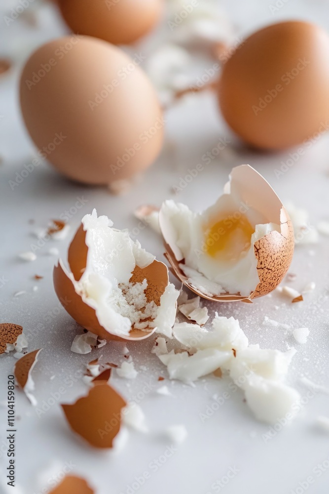 A cracked egg resting on a flat surface with a simple background A cracked egg resting on a flat surface with a simple background