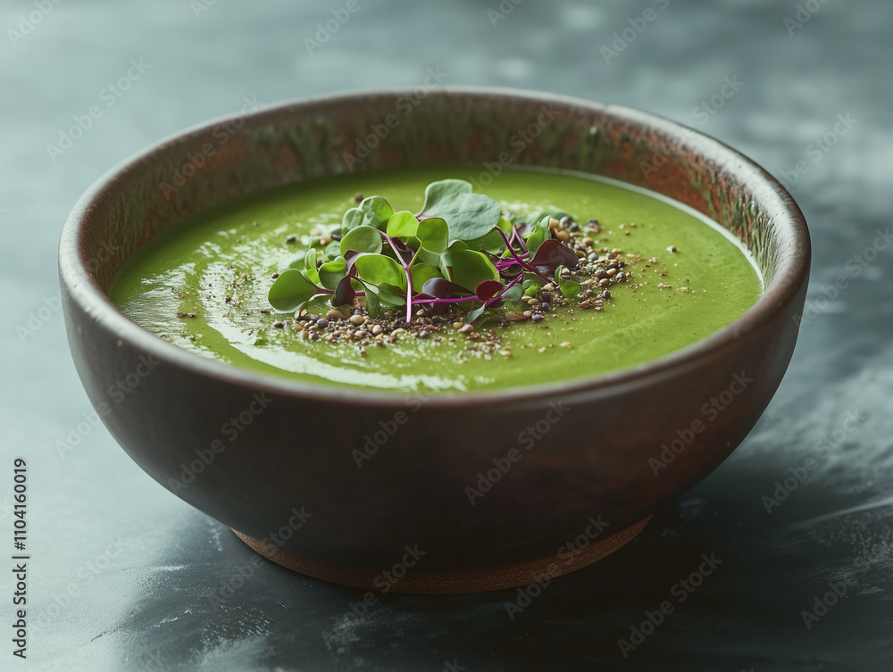 Green vegetable soup with microgreens and seeds in rustic bowl on dark background
