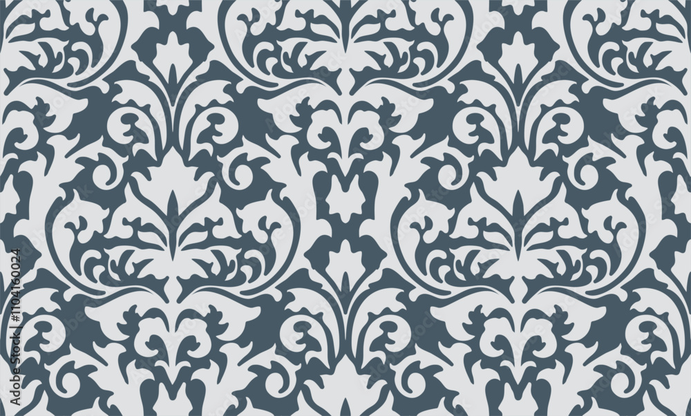 Seamless damask pattern in dark teal and white with intricate ornamental and floral elements. Seamless damask pattern in dark teal and white with intricate ornamental and floral elements.