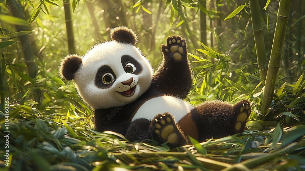 Obraz premium A playful panda lying in a bamboo forest, exuding joy and cuteness.