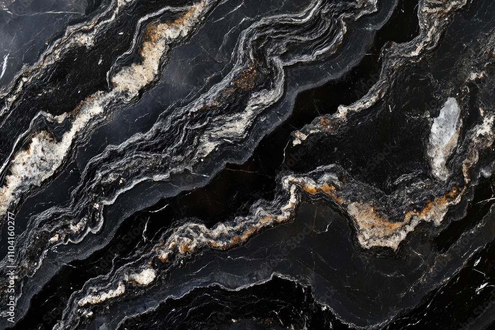 A detailed view of a black and white marble slab, perfect for decorative or architectural use A detailed view of a black and white marble slab, perfect for decorative or architectural use
