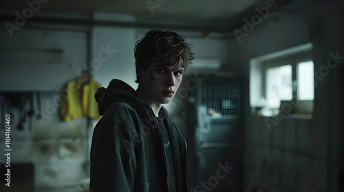 Suspicious Young Man in a Hoodie Casting Wary Glances in a Dimly Lit Room