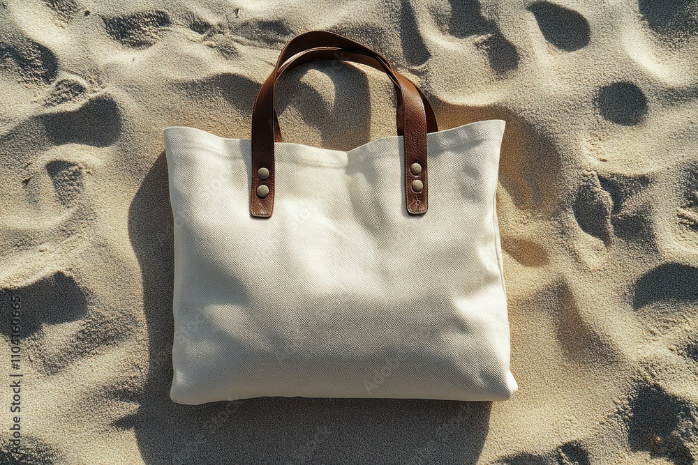 Naklejka premium White Canvas Tote Bag on Sandy Beach