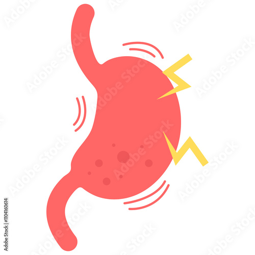 Illustration of a red stomach with visible discomfort, featuring yellow lightning bolts and motion lines to symbolize pain or cramps.
