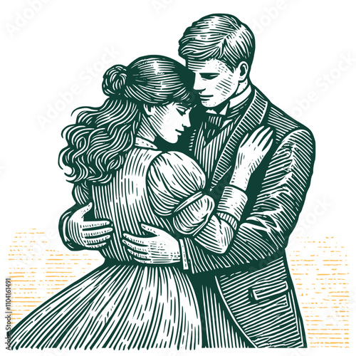 Vintage embrace illustration of a romantic couple, portraying love and tenderness with a classic artistic style