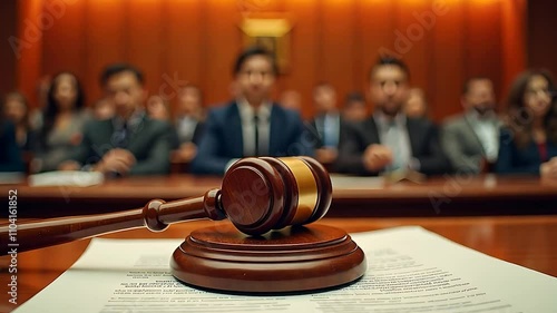 Gavel and Legal Documents in Courtroom with Jury